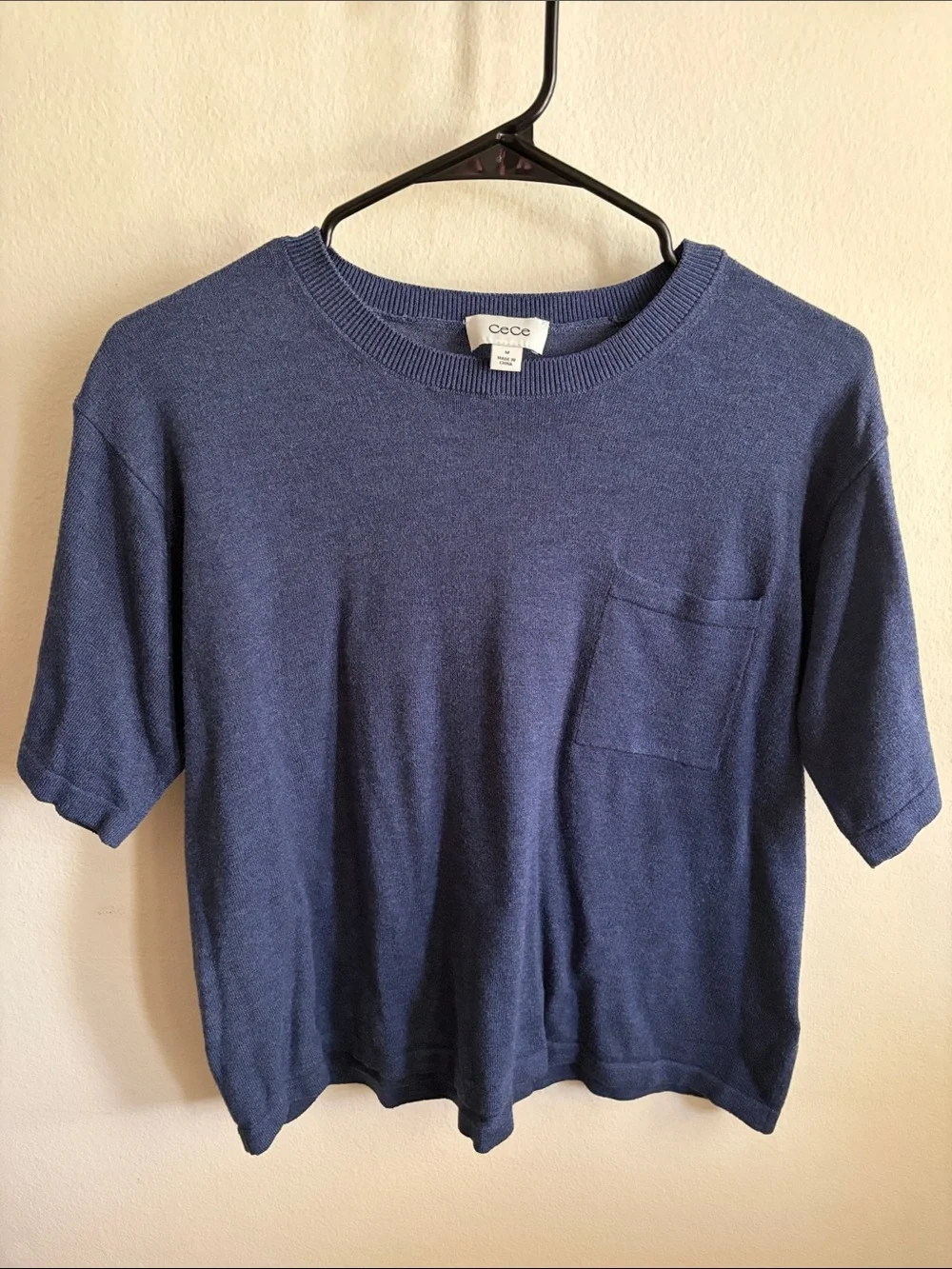 CeCe Navy Pocket Crewneck Short Sleeve Top